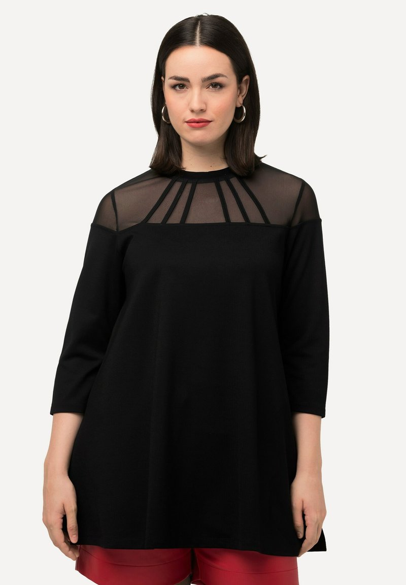 Bluse, A-Linie, Hemdkragen, Langarm, gesmokte Bündchen, schwarz | Ulla Popken