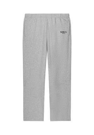 Pantalon de survêtement gris clair avec taille élastique, poches latérales et logo "MIRA PARIS" sur la cuisse gauche supérieure.