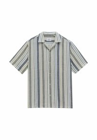 Kortærmet skjorte med knapper i en blanding af linen, præget af lodrette striber i beige, grønne og blå nuancer, med standardkrave og fem knapper.