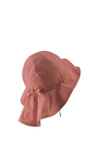 Rosa Stoffsonnenschild mit breitem Rand und runder Krone. Verfügt über eine gebundene Schleife auf der Rückseite und Nähte entlang der Kanten.