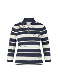 Marineblau- und weiße gestreifte Langarmbluse mit Kragen, halbem Reißverschluss an der Vorderseite und gestickten Textelementen auf der Brust aus einem glatten Stoff.