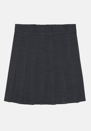 Dark gray pleated skirt with an elastic waistband, featuring a textured fabric and a classic A-line silhouette. Suitable for casual wear.