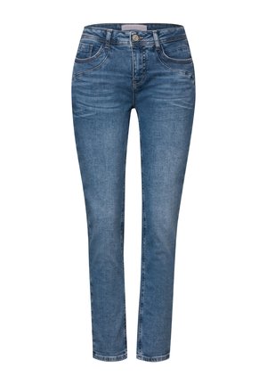 Jeans in denim blu slim-fit con aree sbiadite, cinque tasche, chiusura a bottone e dettagli di cuciture. Il tessuto ha una consistenza liscia.