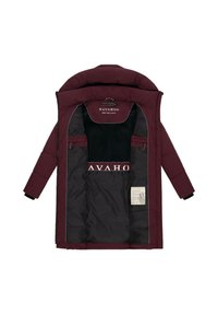 Bordeaux gekleed winterjas met zwarte binnenvoering, twee ritszakken aan de binnenkant en "NAVAHOO" merkvermelding binnenin.