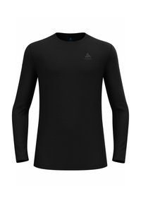 Long-sleeve black shirt made of smooth fabric, features a crew neck, fitted design, with a subtle logo on the upper left chest.