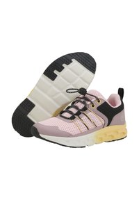 Leichte Laufschuhe mit einem atmungsaktiven, pinken Mesh-Obermaterial, schwarzen Akzenten, gelber Sohle und elastischen Schnürsenkeln für einen sicheren Sitz.