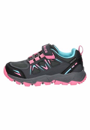 Black and pink children's hiking shoe with blue accents, Velcro strap, breathable mesh, and rugged sole designed for outdoor use.