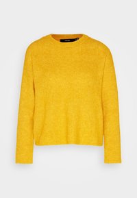 Gul tröja med strukturstickning, rund halsringning och sänkta axlar. Kort längd med långa ärmar.