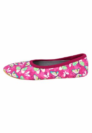 Rosa Stoffflatschuhe mit einem Schmetterlingsdruck-Design. Runde Zehenform und ein kontrastfarbener Rand. Weiche Textur mit einer flexiblen Sohle.