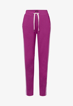 Purple joggers made of soft fabric, featuring a side stripe detail, tapered legs, and an elastic waistband for comfort.
