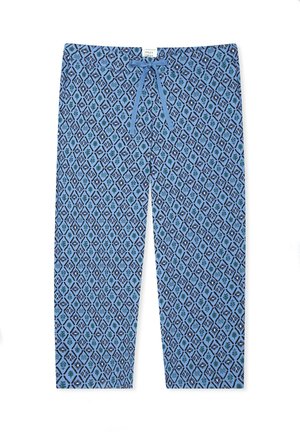 Blauwe pyjamabroek met donkere geometrische en bladmotieven en een koord aan de voorkant, plat uitgespreid op een witte achtergrond.