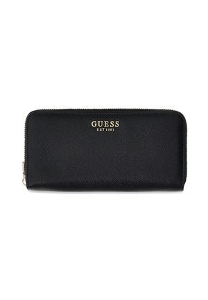 Portefeuille noir texturé avec fermeture éclair sur tout le pourtour, logo "GUESS EST 1981" doré sur le devant et tirette argentée sur le côté gauche.