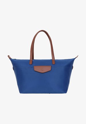 Blauwe totebag van glad nylon met bruine leren accenten, voorzien van twee schouderbanden en een sluiting met een rits aan de bovenkant.