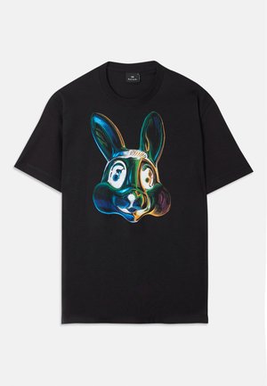 Black cotton t-shirt featuring a colorful, abstract rabbit face illustration on the front. Round neck, short sleeves, and loose fit.