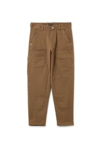 Pantalones cargo marrones con corte recto, dos bolsillos laterales y dos bolsillos de parche en los muslos. Hechos de un tejido de algodón duradero con una textura suave.