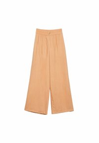 Leveälahkeiset housut, jotka on valmistettu kevyestä kankaasta pehmeässä persikanvärissä, joissa on napillinen vyötärönauha ja hillityt laskokset.