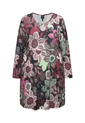 Dunkel gefärbte Blumentunika mit pinken, grünen und burgunderfarbenen Blumen, langen Ärmeln, einem runden Ausschnitt und einer gerafften Taille für eine lockere Passform.