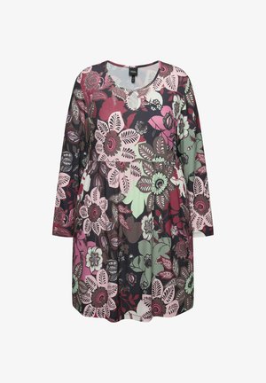 Kwiatowa tunika w ciemnych kolorach z różowymi, zielonymi i burgundowymi kwiatami, długimi rękawami, okrągłym dekoltem i marszczonym pasem dla luźnego kroju.