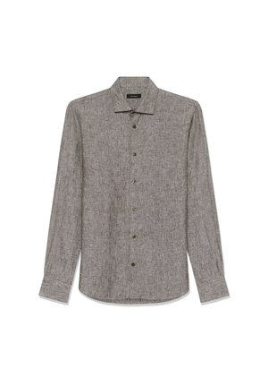 Hosszú ujjú szürke lenvászon ing, klasszikus gallérral és sötét gombokkal, egy fehér háttéren laposan leterítve.