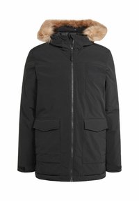Veste noire rembourrée avec capuche en fourrure, fermeture éclair à l'avant, deux poches avant et coupe droite. Tissu doux et texturé.