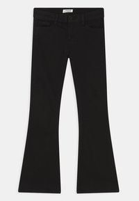 Zwarte flared jeans van een katoenmix, met een voorknopsluiting, lussen voor een riem en vier zakken. Gladde textuur overal.