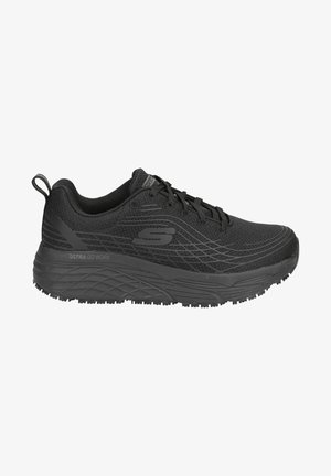Black athletic shoe with a breathable mesh upper, textured side panel, lace-up design, and thick rubber sole for support.