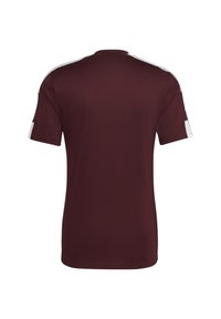 Giocattolo sportivo bordeaux con maniche corte, collo rotondo, dotato di righe bianche sulle spalle e una superficie liscia. Nessun logo o motivo visibile.