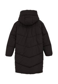 Melna gara pildīta ziemas jaka ar kapuci un šuvēm chevron stilā, redzama no aizmugures uz balta fona.