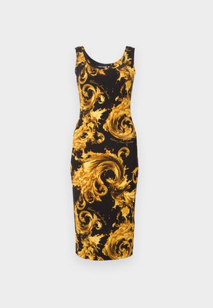Black sleeveless midi dress with bold gold baroque swirl patterns and "Versace Jean Couture" text accents.