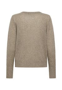 Beżowy sweter z dzianiny z długimi rękawami i okrągłym dekoltem, charakteryzujący się miękką fakturą i lekko luźnym krojem. Brak wyraźnych wzorów lub akcentów.