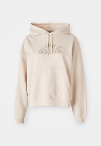 Beige hettegenser med frontlomme, med "new balance"-logo og blomsterdetaljer i dempede farger. Mykt stoff og lange ermer.