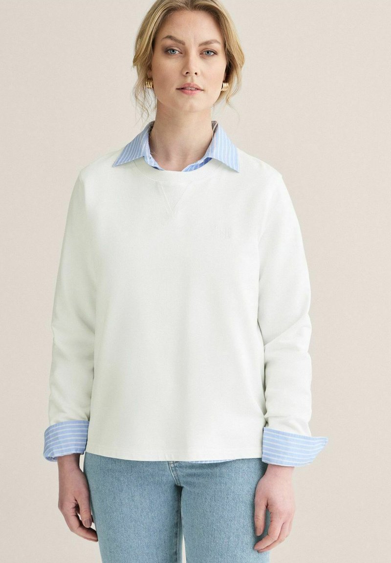 Vit sweatshirt med V-ringning, långa ärmar och manschetter med blåa ränder. Bärs över en ljusblå skjorta. Slät textur. Avslappnad passform.