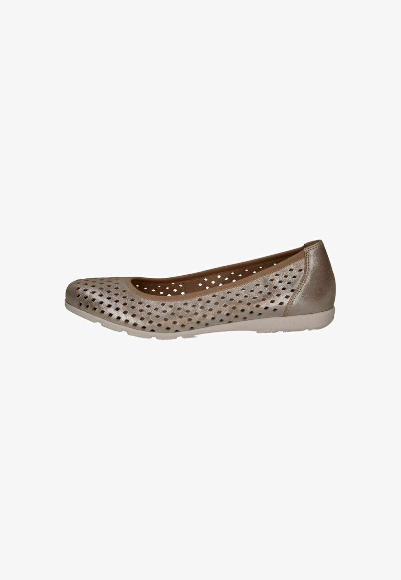Beige perforierte Leder-Ballerinas mit runder Zehenpartie und weicher Sohle. Mit runden Ausschnitten entlang des Obermaterials für Atmungsaktivität.