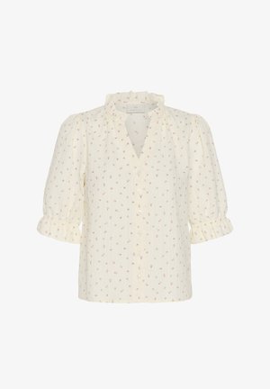 Blouse crème à motif floral rouge foncé, col à volants, boutonnée à l'avant, manches bouffantes aux coudes avec poignets à volants.