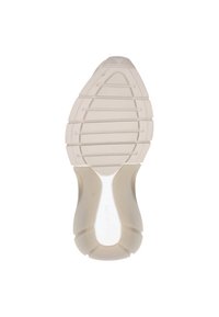 Bílá gumová podrážka s texturovaným povrchem, která má horizontální drážky a hladký centrální akcent. Široký podpatek pro stabilitu.