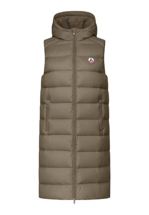 Langer, gesteppter, ärmelloser Kapuzenweste in hellbraun mit Frontreißverschluss und seitlichen Reißverschlusstaschen, mit kleinem Logo-Patch auf der Brust.