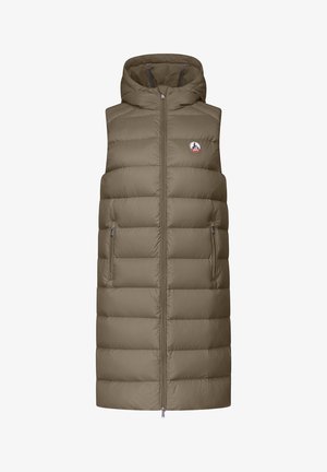 Longue veste sans manches matelassée avec capuche, de couleur marron clair, dotée d'une fermeture éclair frontale et de poches latérales zippées, avec un petit écusson logo sur la poitrine.