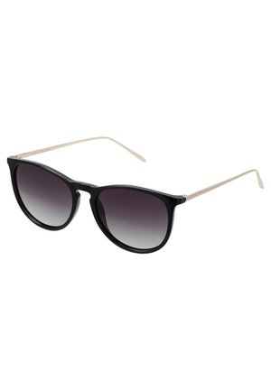 Ochelari de soare negri, tip cat-eye, cu lentile gri în degradé. Au brațe subțiri din metal auriu și un cadru elegant din plastic. Fără logo-uri sau modele vizibile.