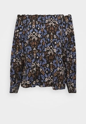 Langärmlige Bluse mit elastischem, schulterfreiem Ausschnitt, schwarzer Hintergrund, blaues und braunes Blumenmuster.