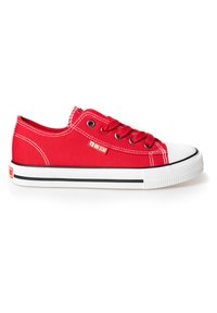 Red canvas sneakers with white rubber toe cap, black and white striped sole, and red laces. Features a small "Big Star" logo on the side.