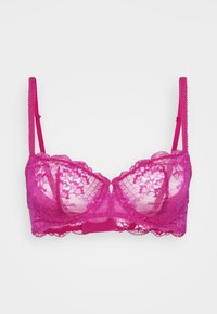 Pink lace bra with a scalloped edge design, featuring transparent cups and decorative cutouts, supported by adjustable straps.