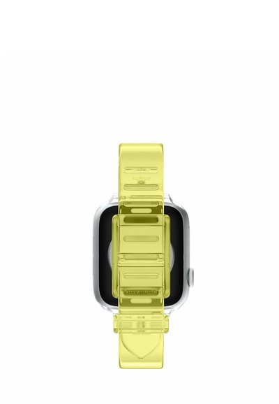 Montre connectée argentée avec un bracelet en plastique jaune transparent et réglable, vue de dos avec la boucle fermée.