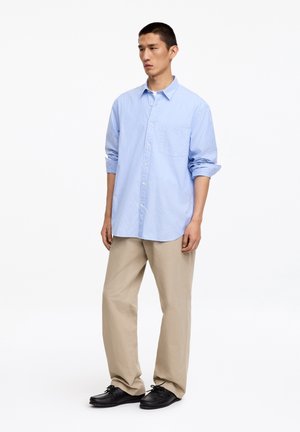 Homme debout portant une chemise rayée bleu clair à manches longues avec les manches retroussées, un pantalon beige et des chaussures noires sur fond blanc.