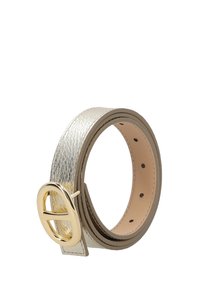 Metallic silver leather belt with a textured surface, featuring a gold oval buckle and a smooth interior with multiple holes for adjustment.