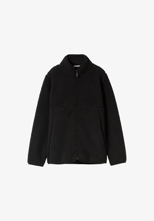 Czarna polarowa kurtka z wysokim kołnierzem, pełnym zamkiem błyskawicznym i teksturowanym materiałem. Posiada akcenty w kontrastowych kolorach oraz dwie przednie kieszenie.