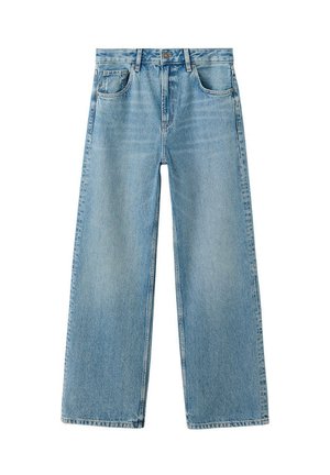 Jean denim bleu clair à jambe droite avec poches avant, passants de ceinture, fermeture par bouton et détails de coutures visibles.