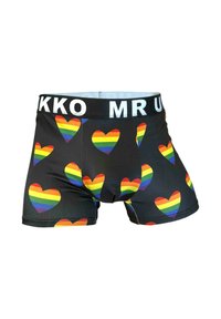 Sorte boxer briefs med et gentaget mønster af regnbuefarvede hjerter. Elastikken viser "MR. U" fremtrædende i hvid.
