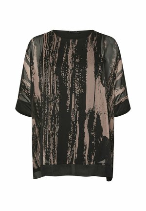 Zwart losvallend blouse met korte mouwen, voorzien van een abstract patroon van verticale beige penseelstreken en een ronde hals.
