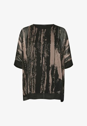 Zwart losvallend blouse met korte mouwen, voorzien van een abstract patroon van verticale beige penseelstreken en een ronde hals.