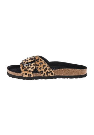 Slip-on sandal med korksål, sort fodseng og leopardprint rem med sort spænde.